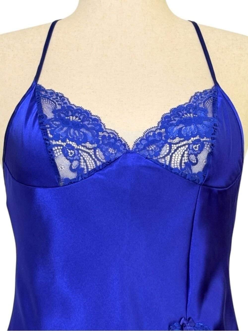 Shirley of Hollywood Maxi Satin Lace Side Slip Dress M Fairy, Romantic, Hot Blue - Picture 5 of 13
